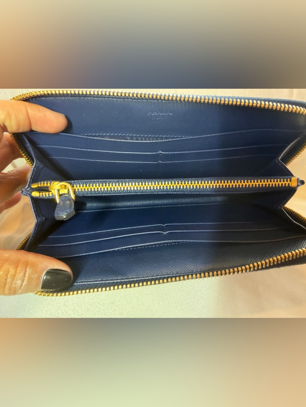 Prada Navy Saffiano Zip Wallet with Gold Logo - Picture 7 of 9